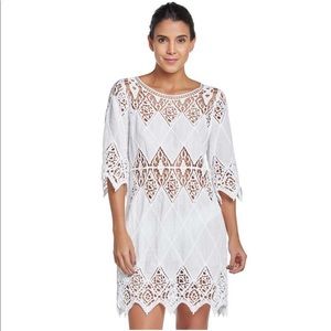 Pilyq Mini Dress Sz.M/L,Crochet Neck&inserts, 3/4 Sleeves,zigzag hem swim NewTag